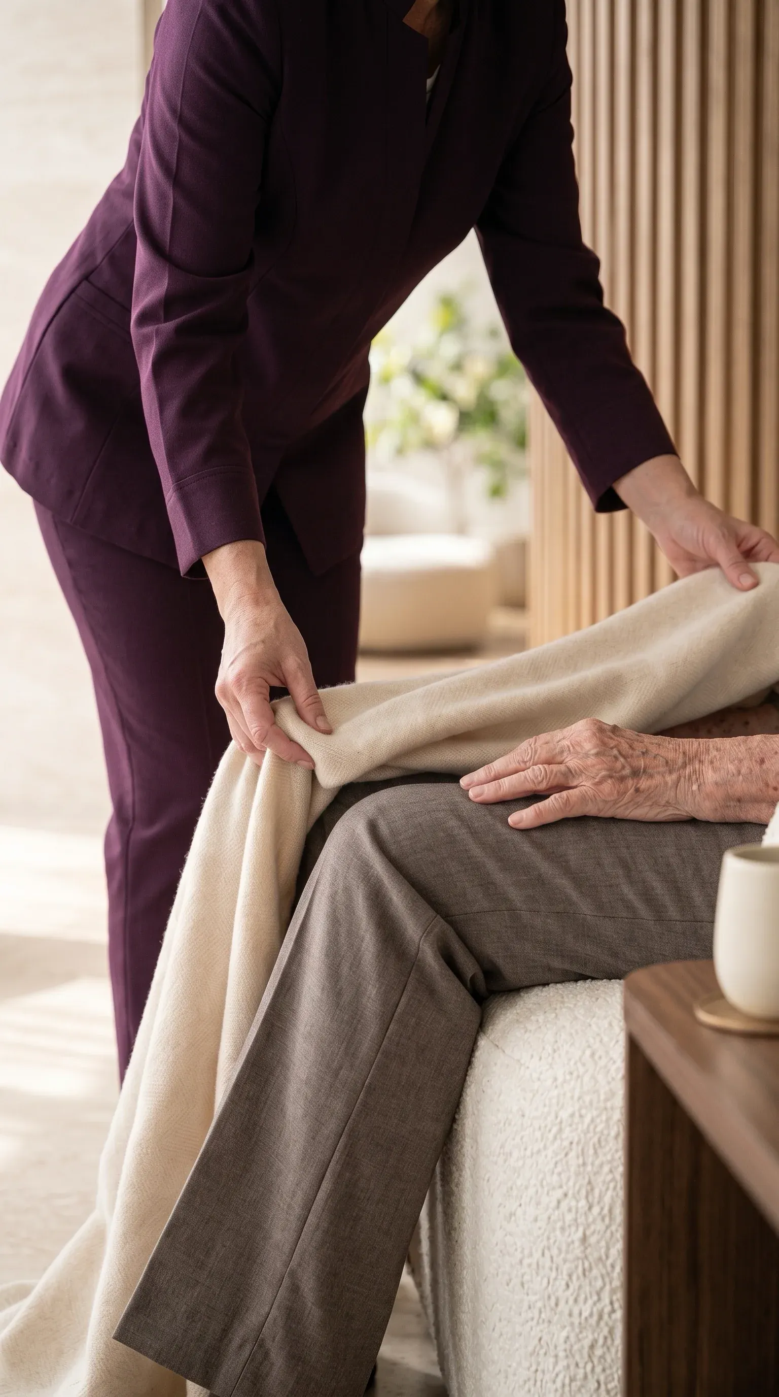 A caregiver tucking a blanket around a resident's legs in a warm, sunlit room